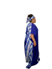 Blue headwrap and Adire gown