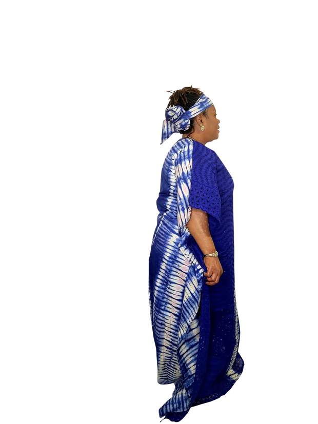 Blue headwrap and Adire gown
