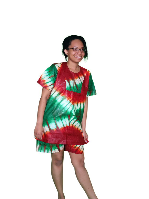 Unisex Red White Green Top and Bottom Adire